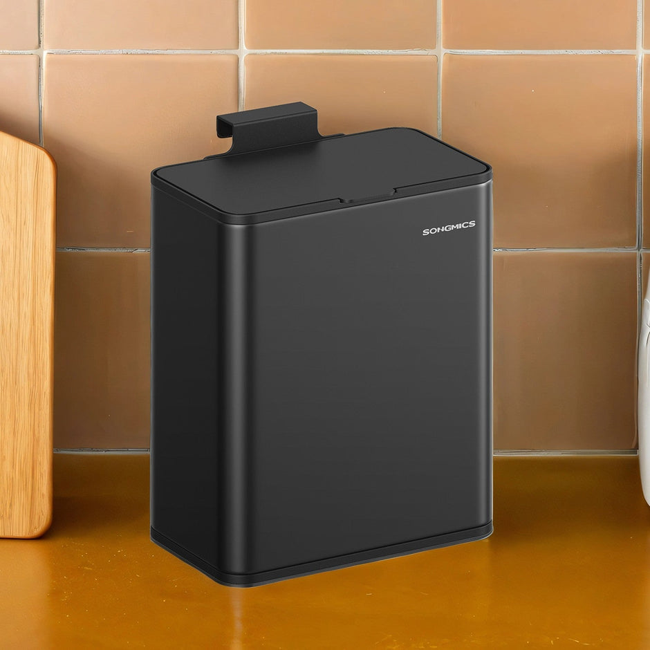 Hanging Kitchen Trash Can – Steel – 8L – Lid with Wall-Mount and Cabinet Door Hooks
