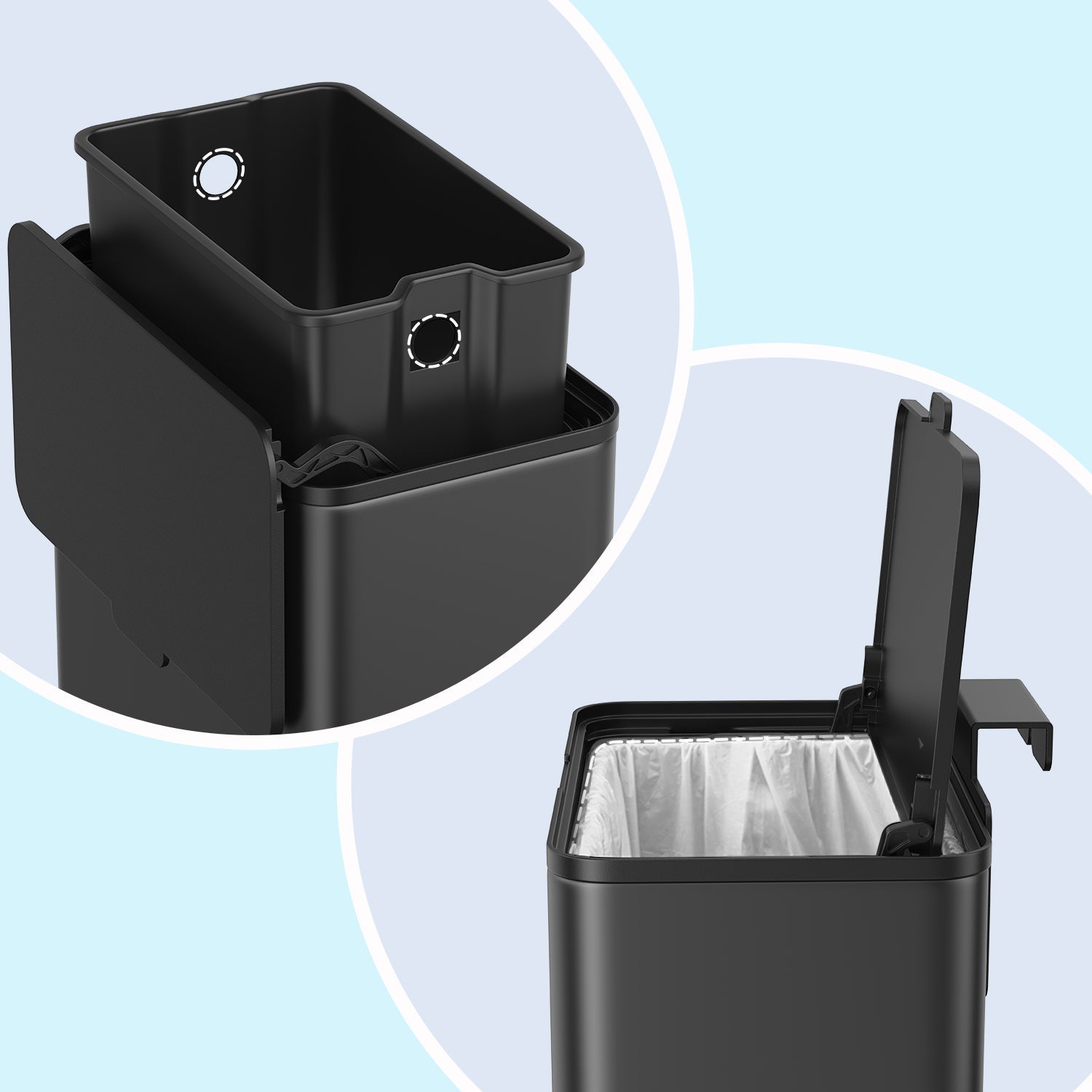 Hanging Kitchen Trash Can – Steel – 8L – Lid with Wall-Mount and Cabinet Door Hooks