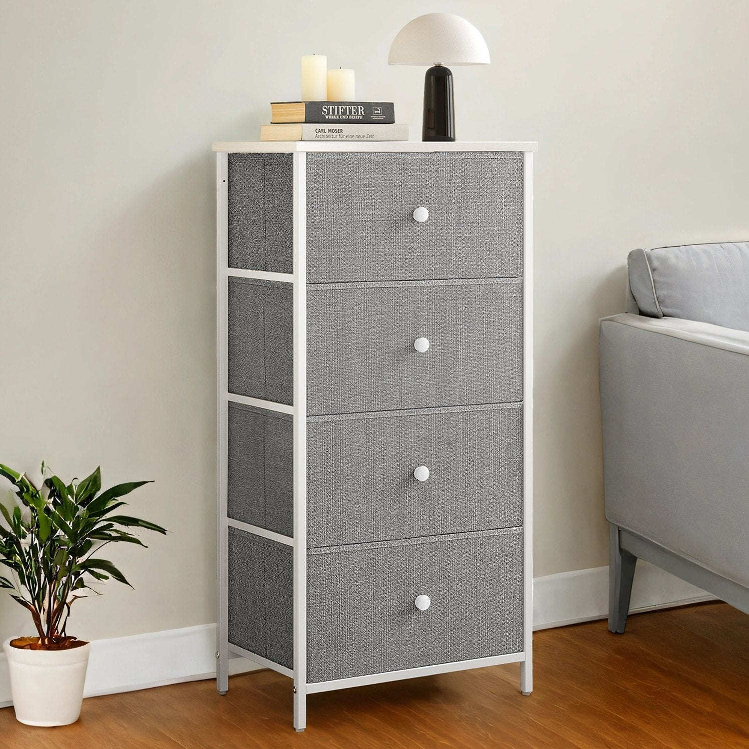 Dresser – Fabric and Metal – Light Grey and White – Slim Design with 4 Drawers