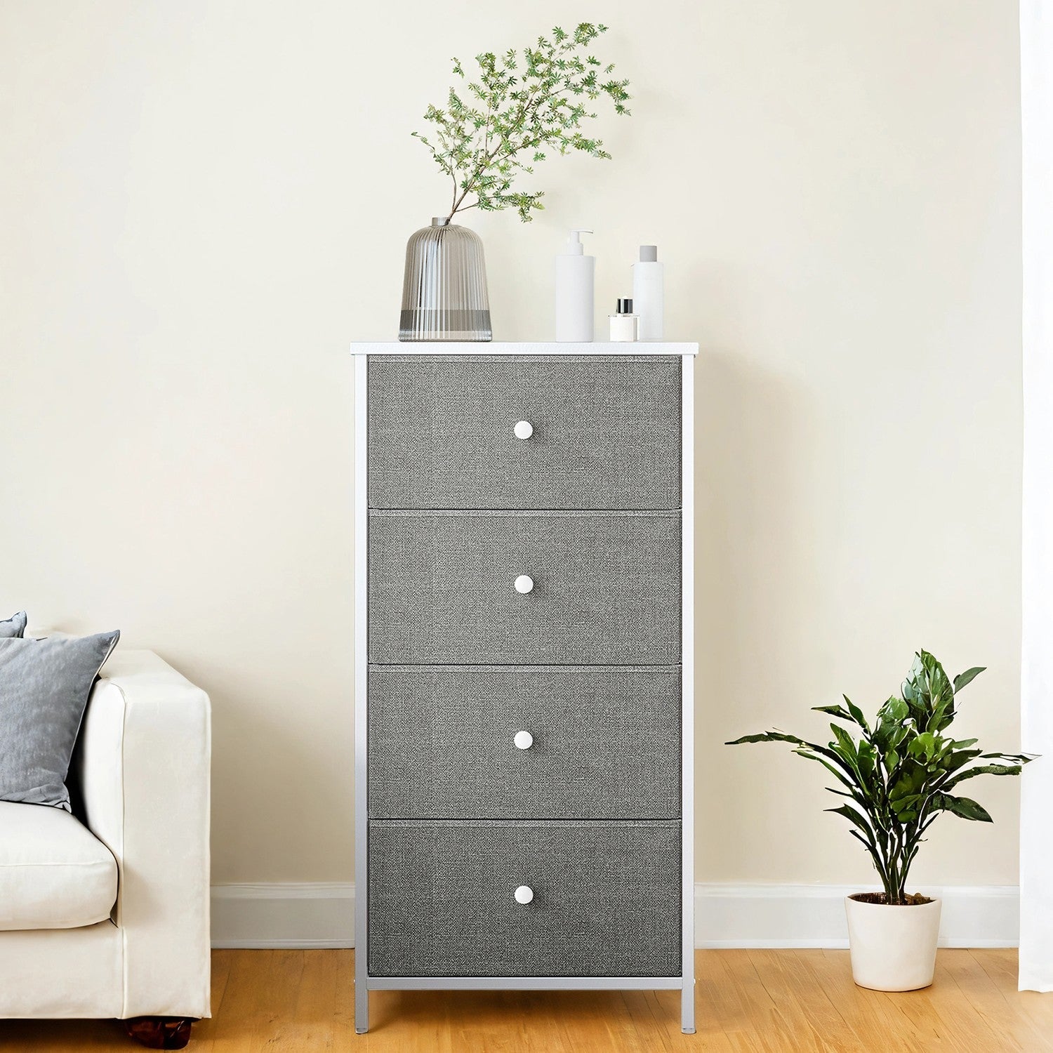 Dresser – Fabric and Metal – Light Grey and White – Slim Design with 4 Drawers