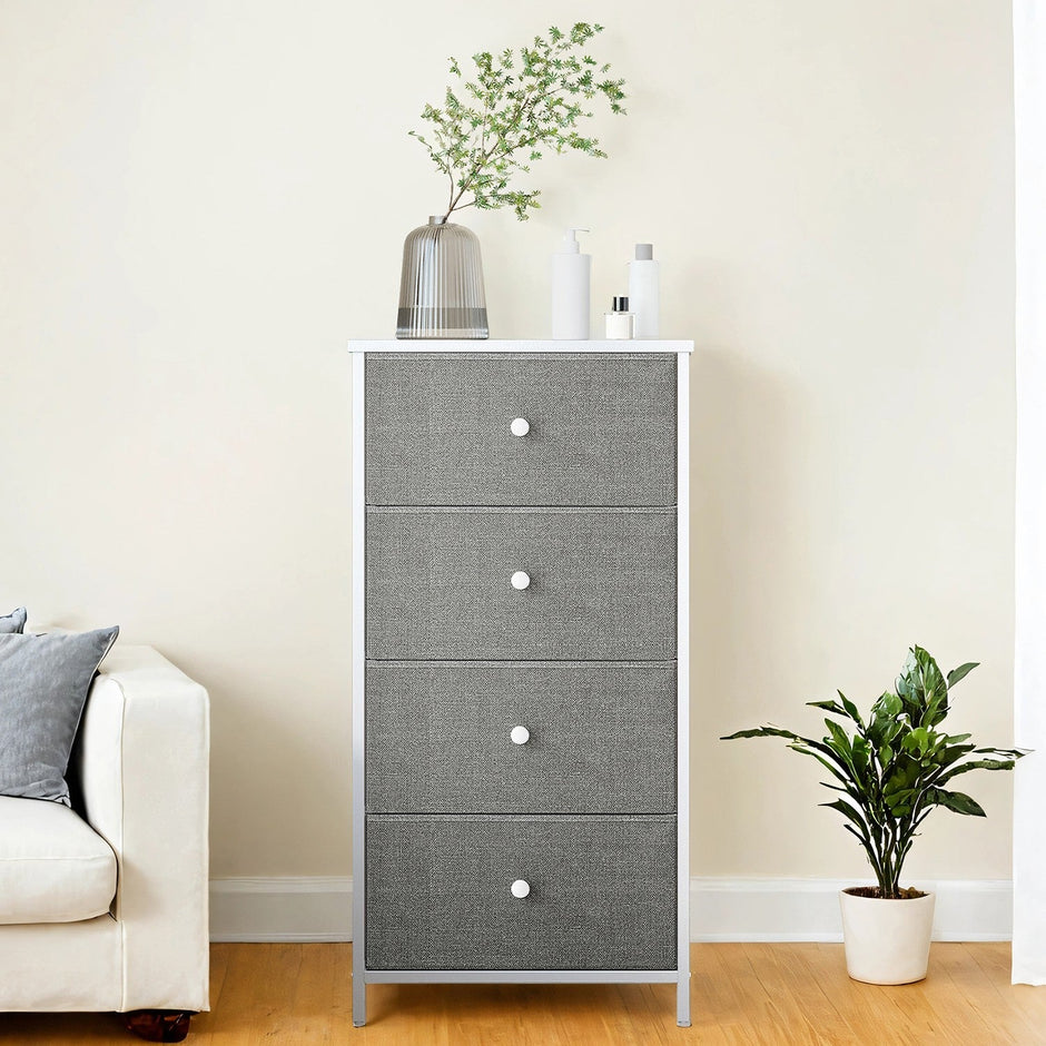 Dresser – Fabric and Metal – Light Grey and White – Slim Design with 4 Drawers