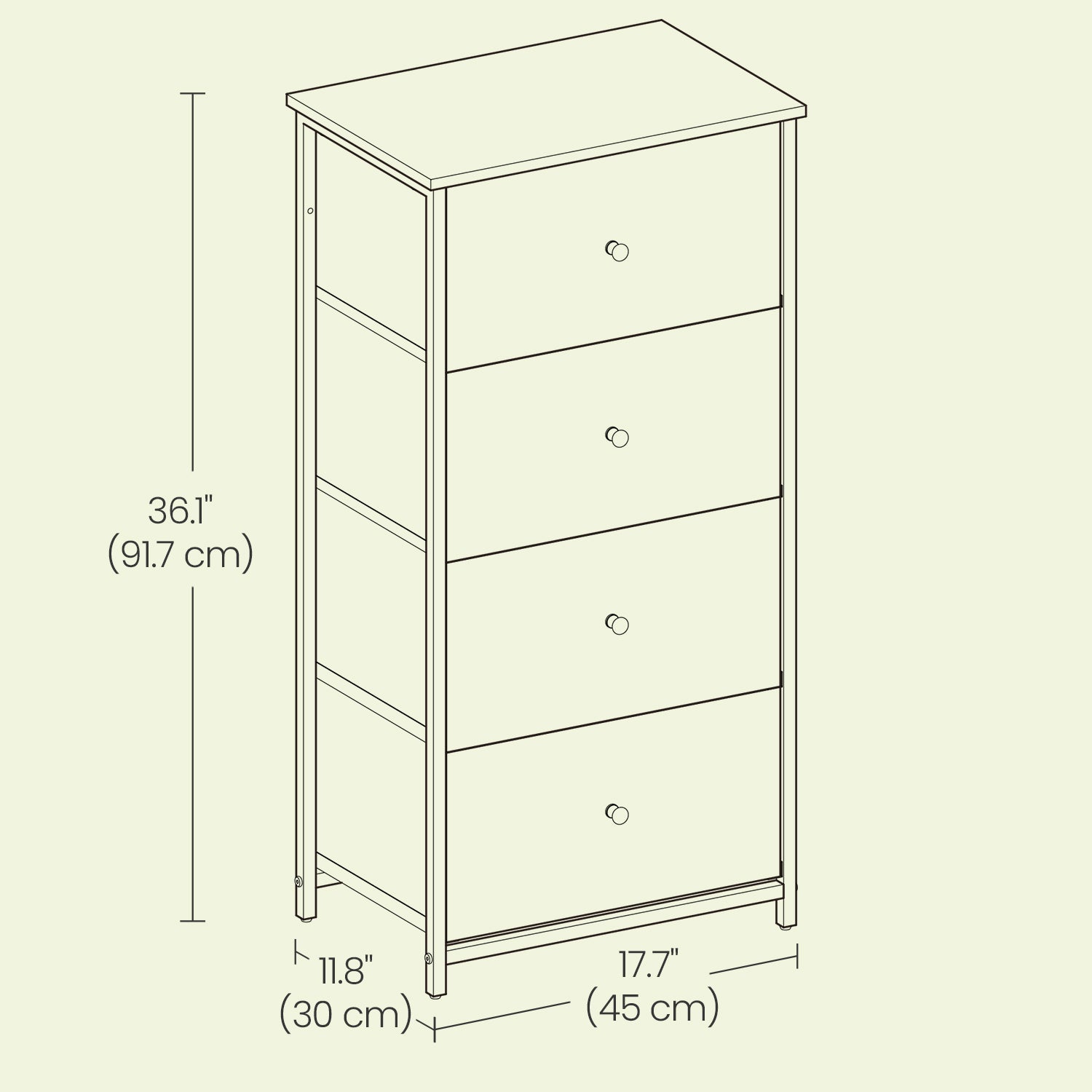 Dresser – Fabric and Metal – Light Grey and White – Slim Design with 4 Drawers