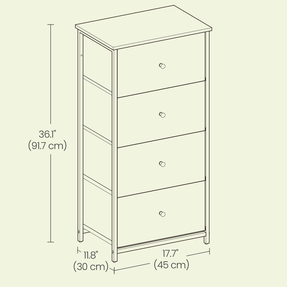 Dresser – Fabric and Metal – Light Grey and White – Slim Design with 4 Drawers