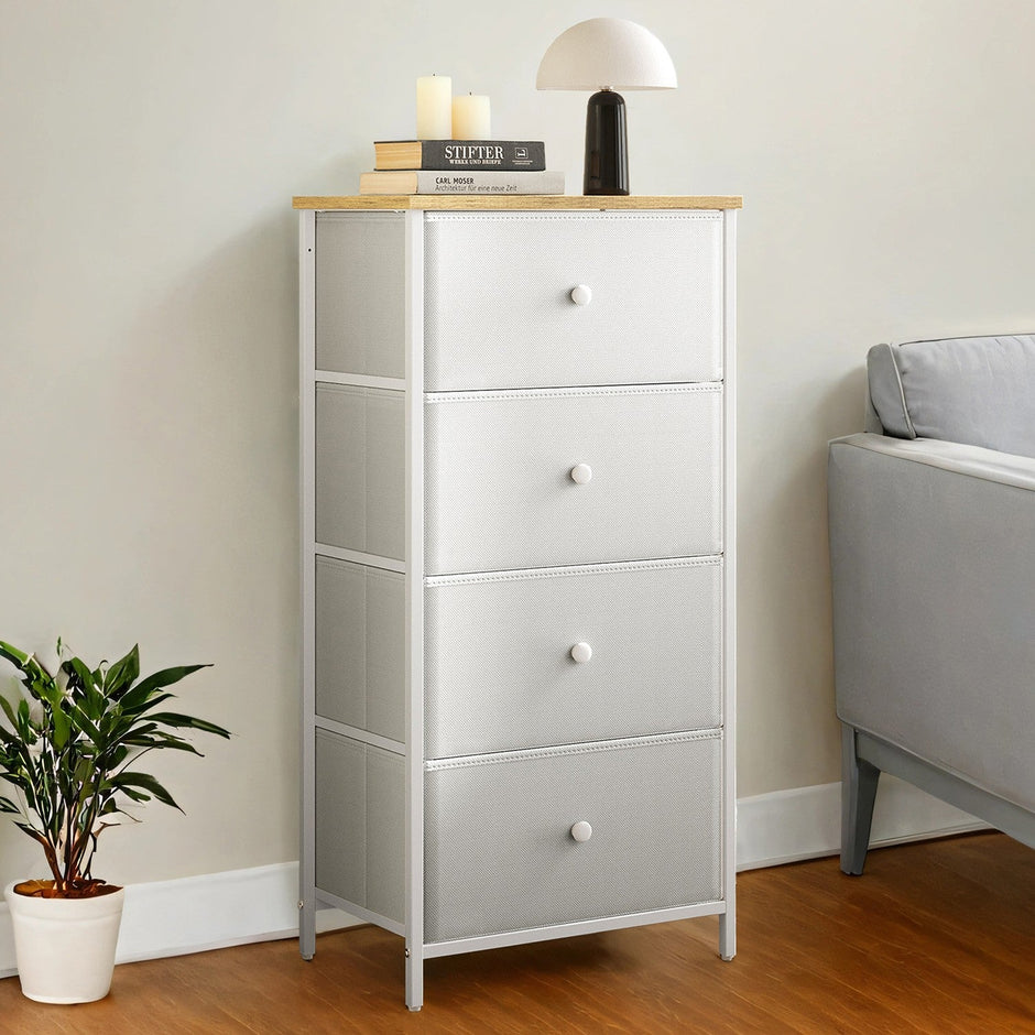 Dresser – Fabric and Metal – Light Grey and White – Slim Design with 4 Drawers