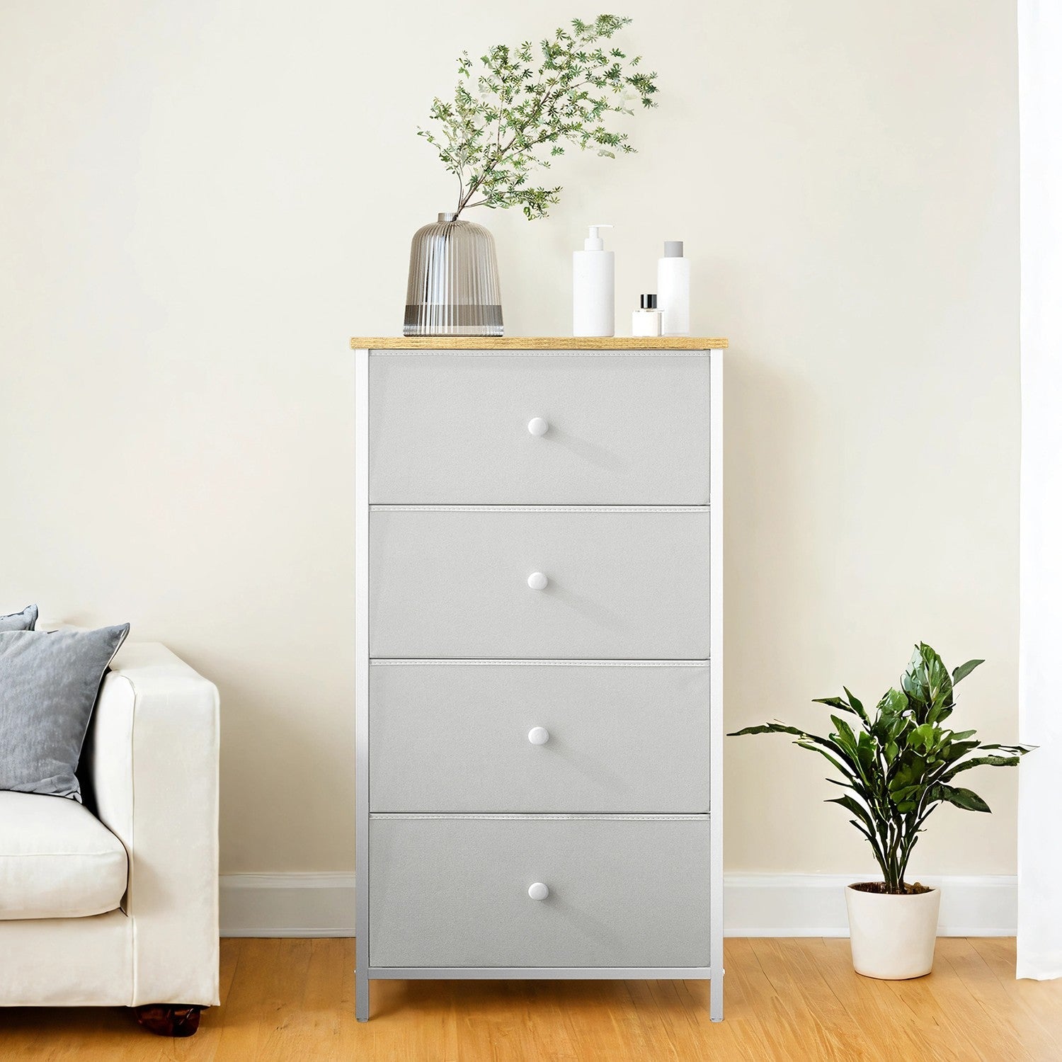 Dresser – Fabric and Metal – Light Grey and White – Slim Design with 4 Drawers