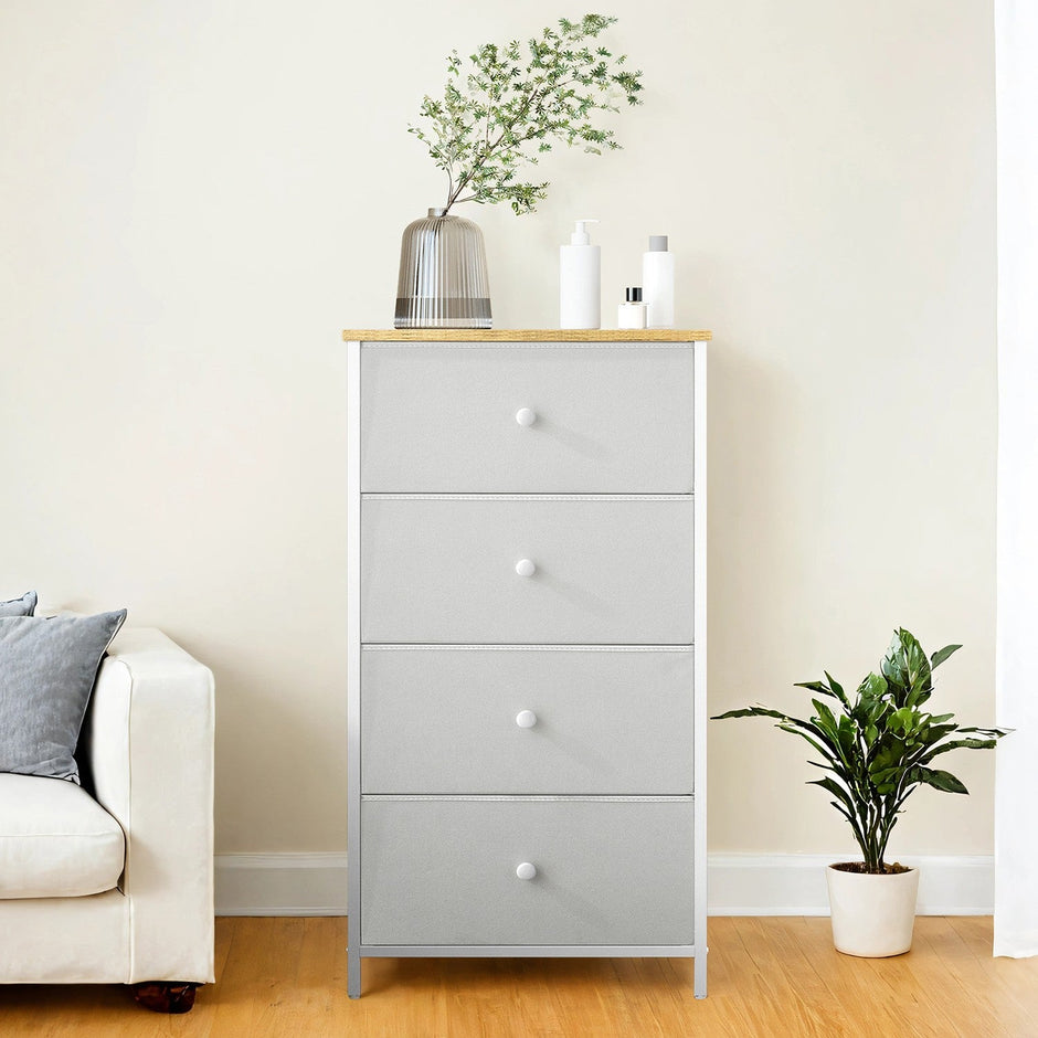 Dresser – Fabric and Metal – Light Grey and White – Slim Design with 4 Drawers