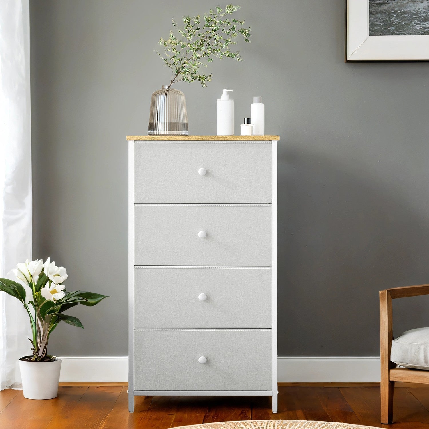 Dresser – Fabric and Metal – Light Grey and White – Slim Design with 4 Drawers