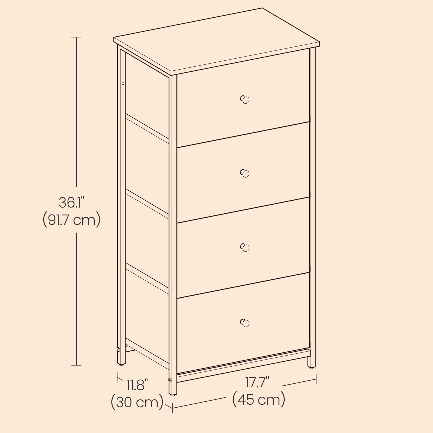 Dresser – Fabric and Metal – Light Grey and White – Slim Design with 4 Drawers