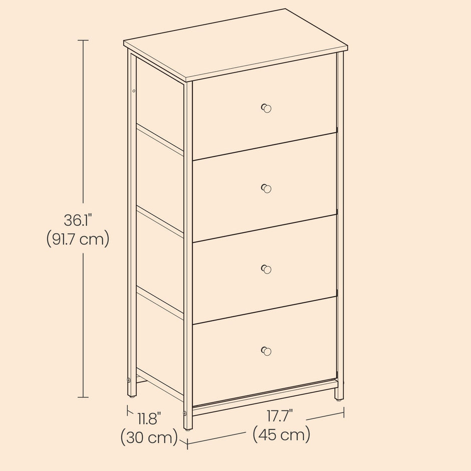 Dresser – Fabric and Metal – Light Grey and White – Slim Design with 4 Drawers