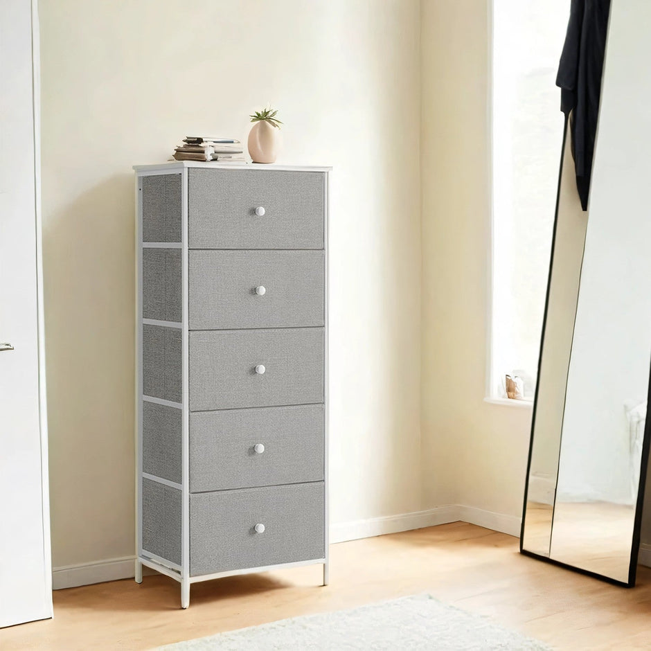 Chest of Drawers – Fabric – Light Grey and White – Tall and Slim Design with 5 Storage Drawers
