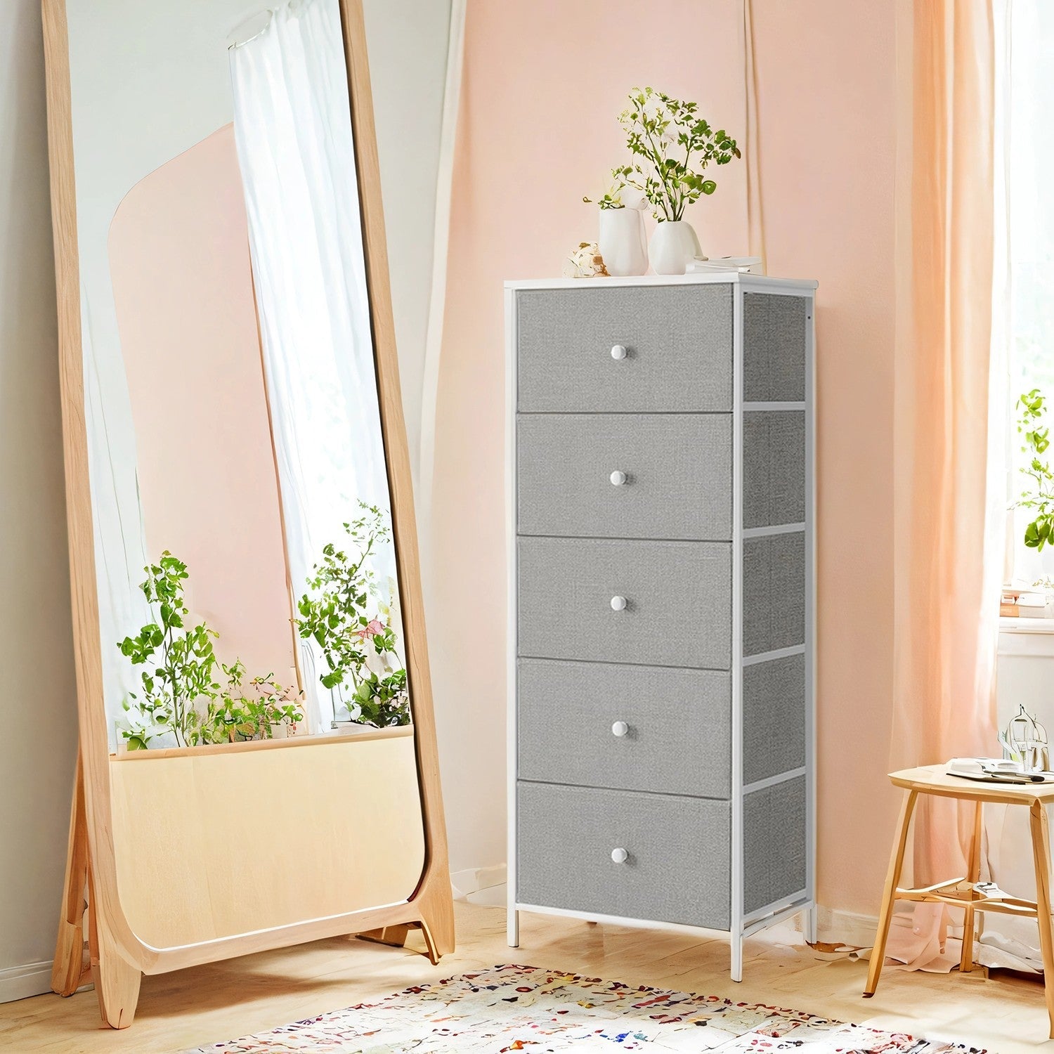 Chest of Drawers – Fabric – Light Grey and White – Tall and Slim Design with 5 Storage Drawers