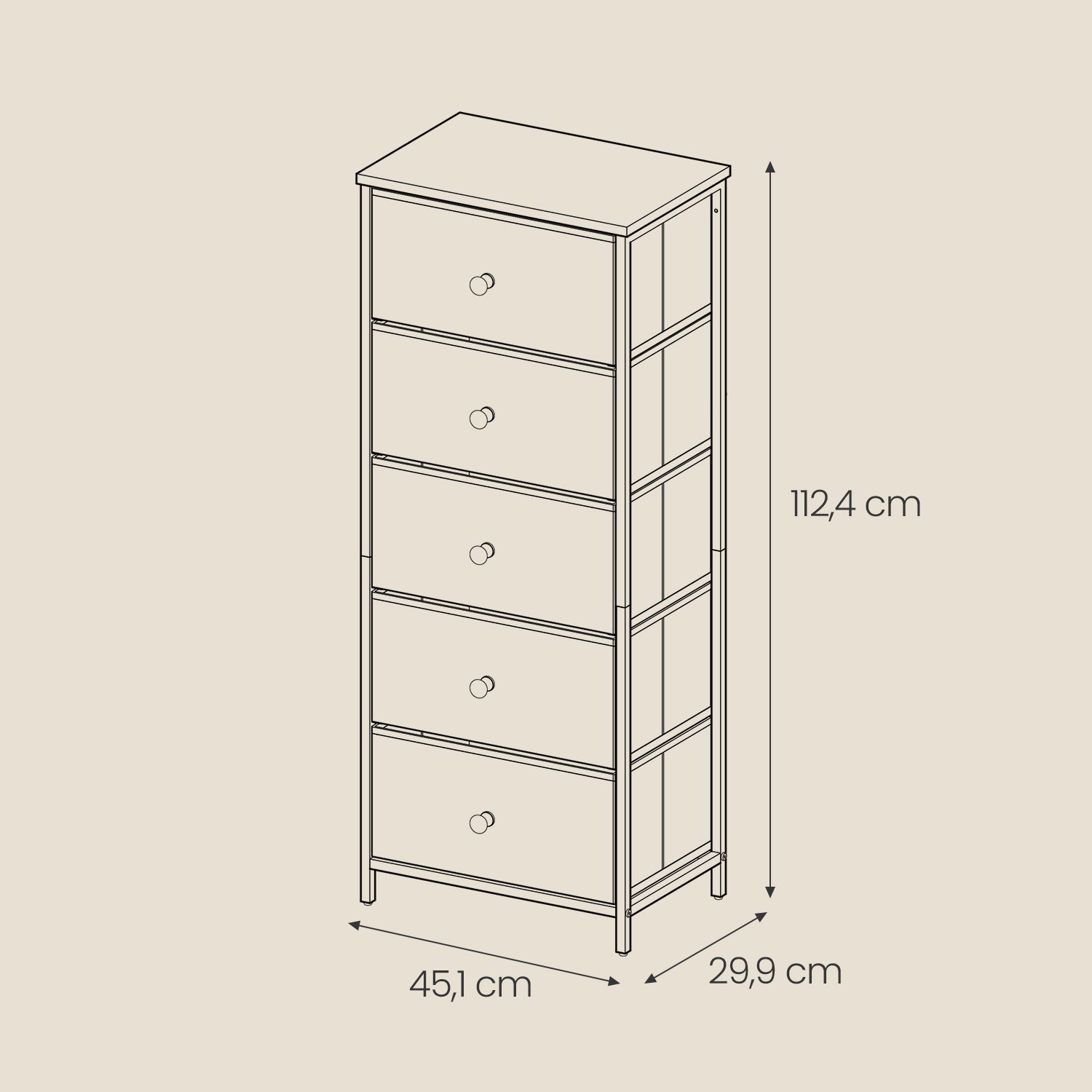 Chest of Drawers – Fabric – Light Grey and White – Tall and Slim Design with 5 Storage Drawers