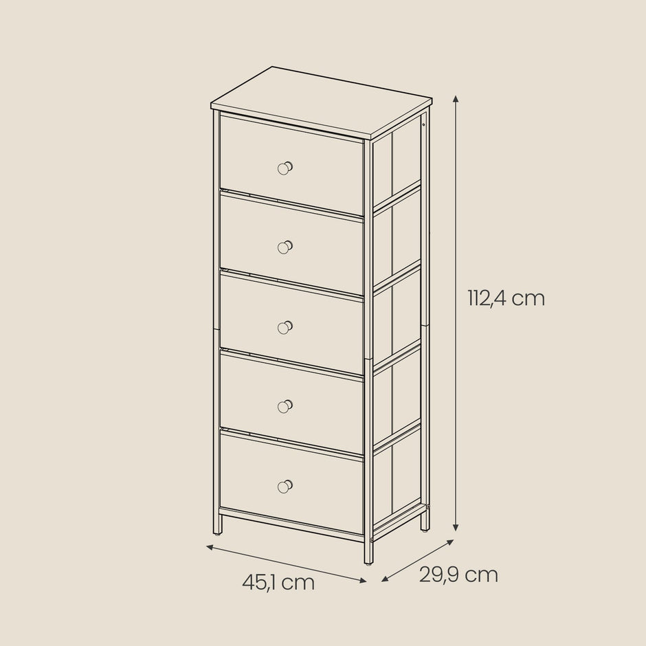 Chest of Drawers – Fabric – Light Grey and White – Tall and Slim Design with 5 Storage Drawers