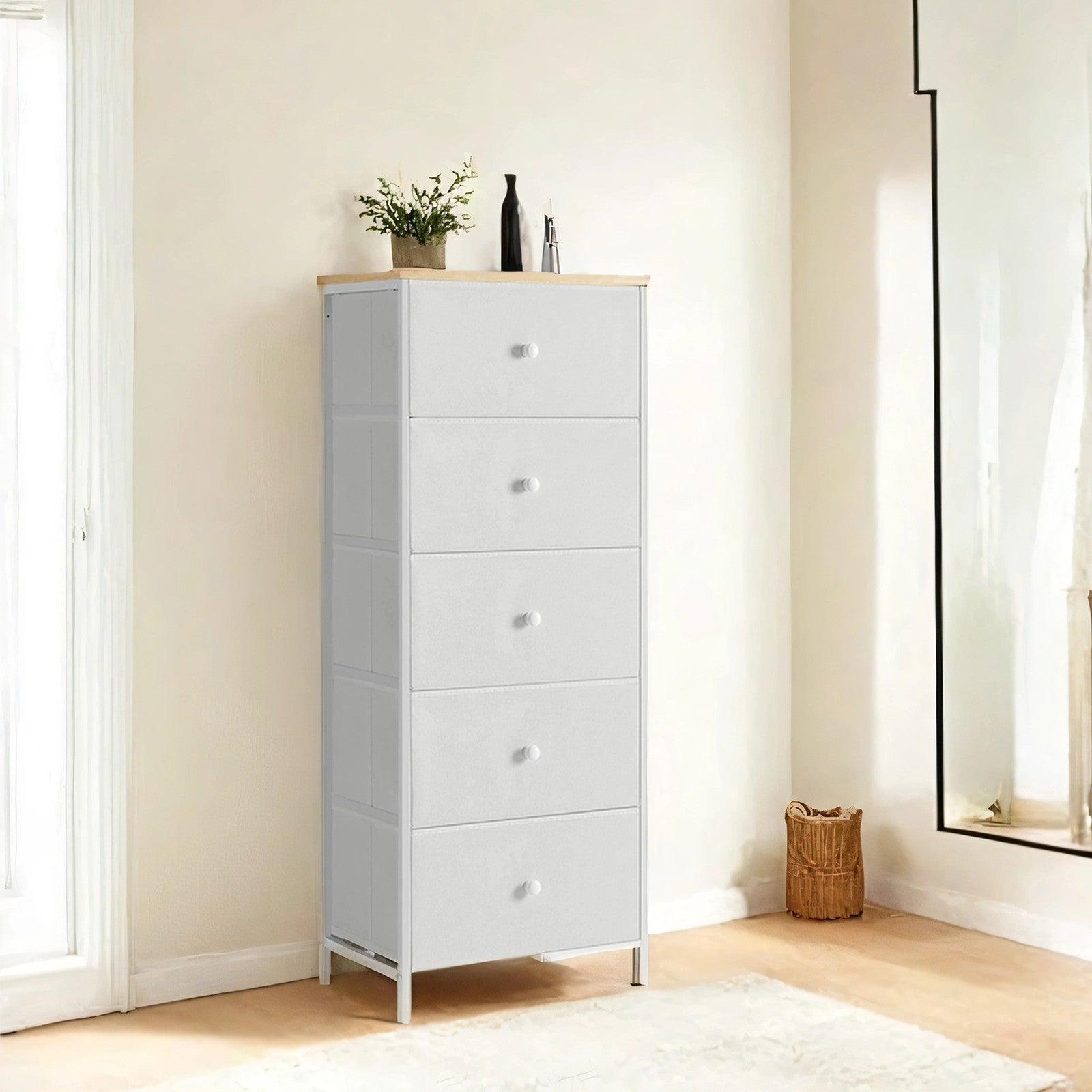 Storage Cabinet – Metal Frame and Fabric – Light Grey and White – Tall Slim Design with 5 Drawers