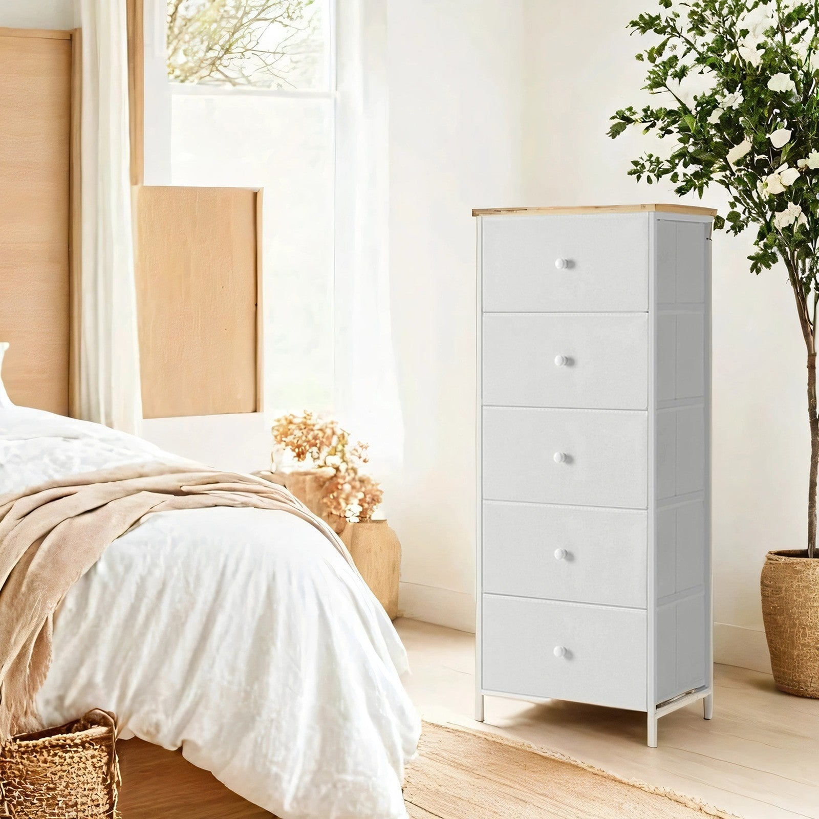 Storage Cabinet – Metal Frame and Fabric – Light Grey and White – Tall Slim Design with 5 Drawers