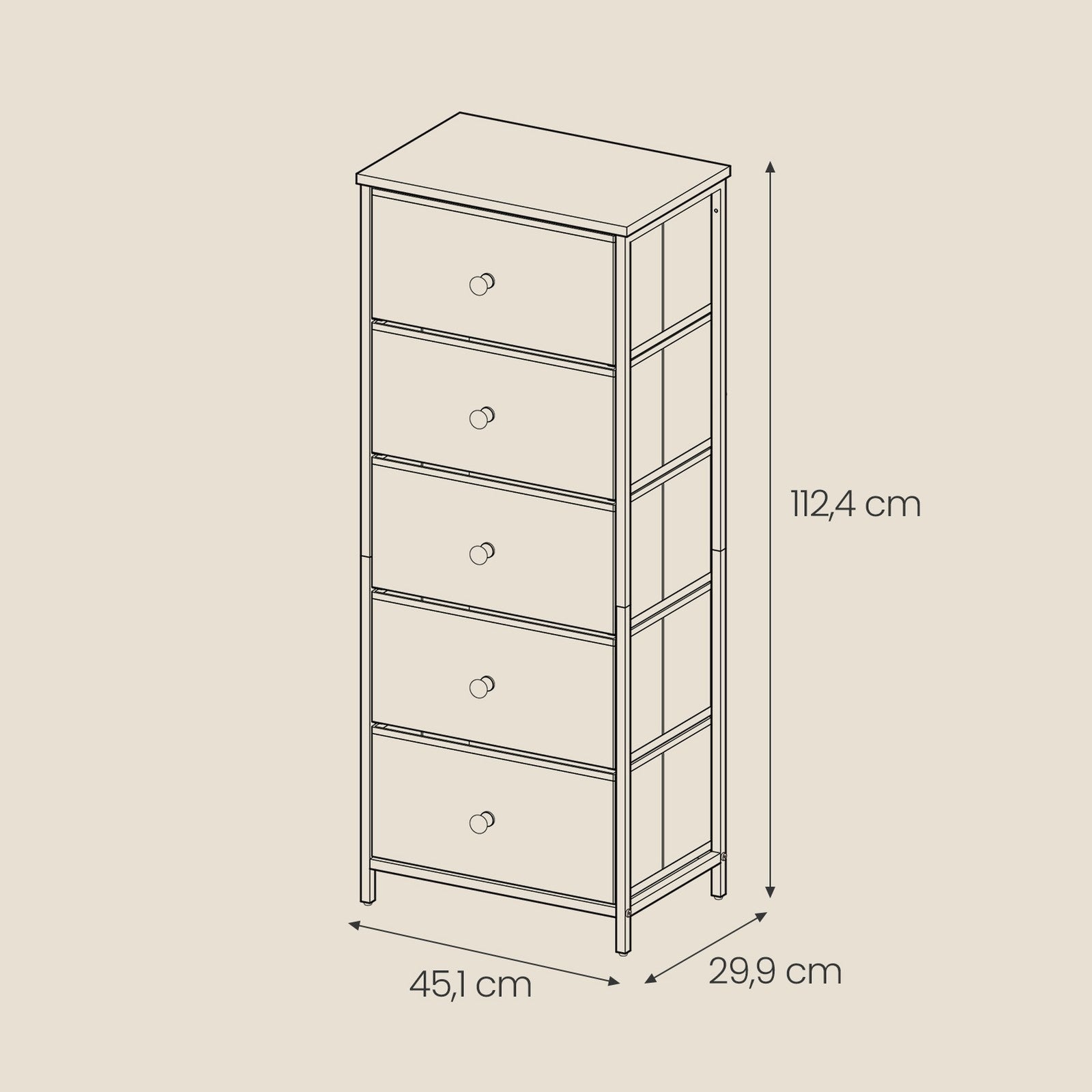 Storage Cabinet – Metal Frame and Fabric – Light Grey and White – Tall Slim Design with 5 Drawers