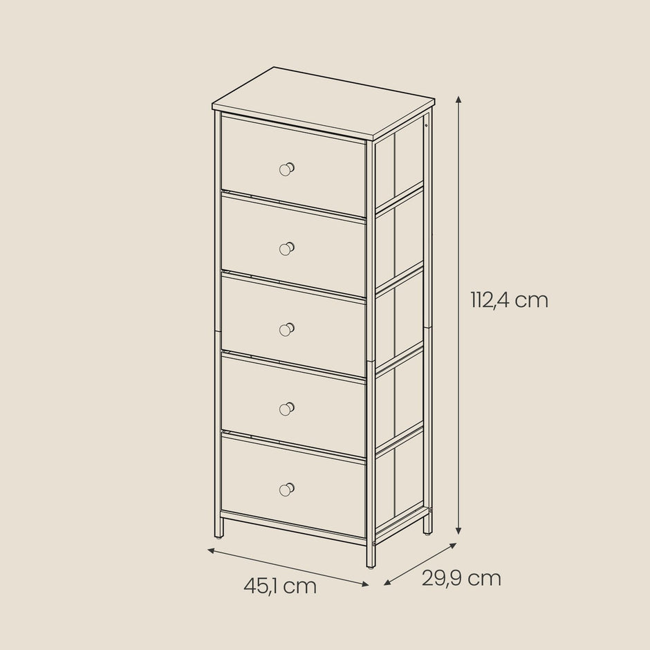 Storage Cabinet – Metal Frame and Fabric – Light Grey and White – Tall Slim Design with 5 Drawers