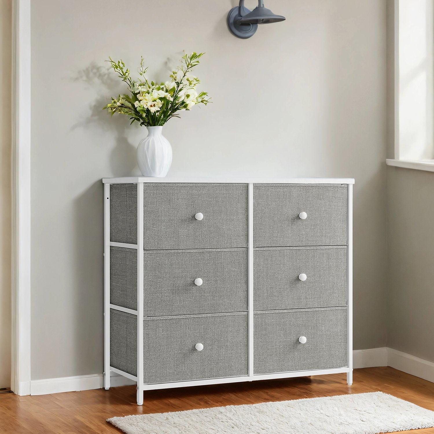 Dresser – Fabric and Wood – Rustic Brown and Black – 6-Drawer Storage Unit with Metal Frame