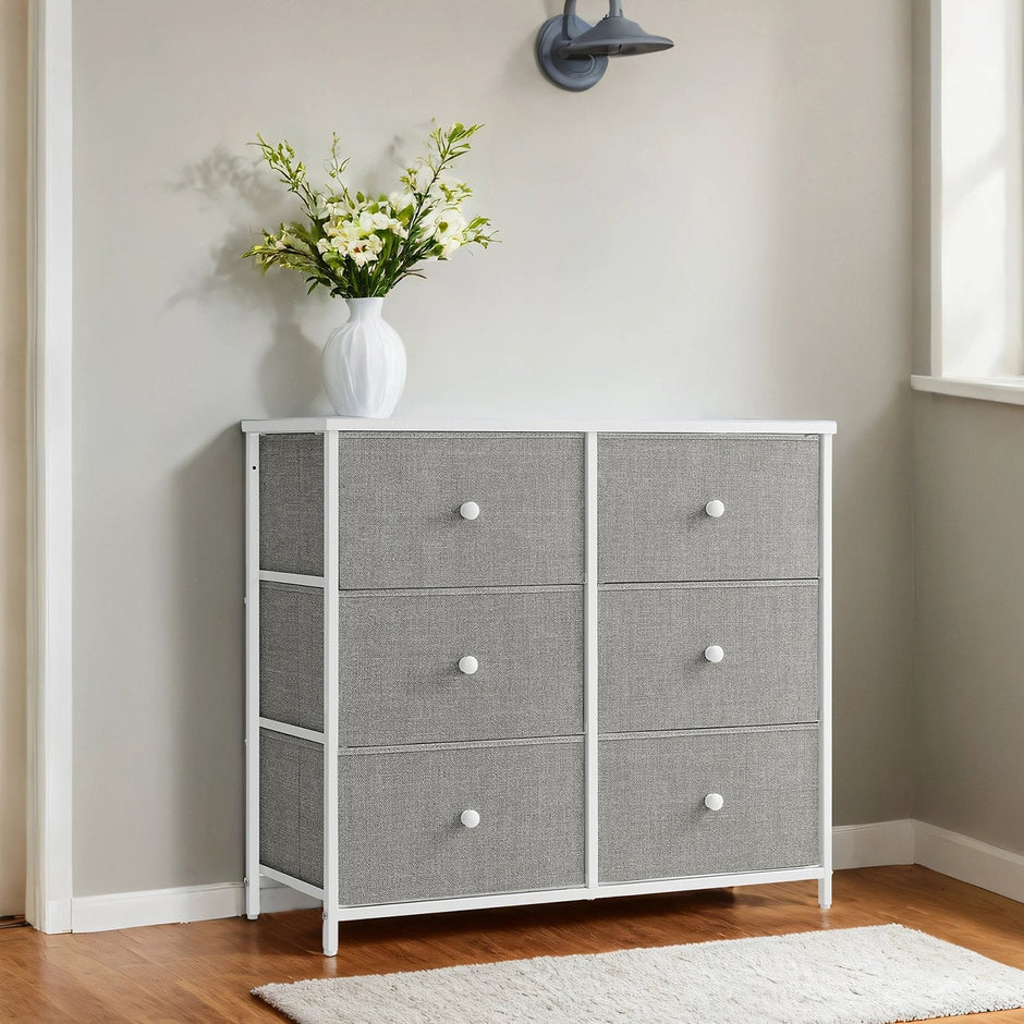Dresser – Fabric and Wood – Rustic Brown and Black – 6-Drawer Storage Unit with Metal Frame