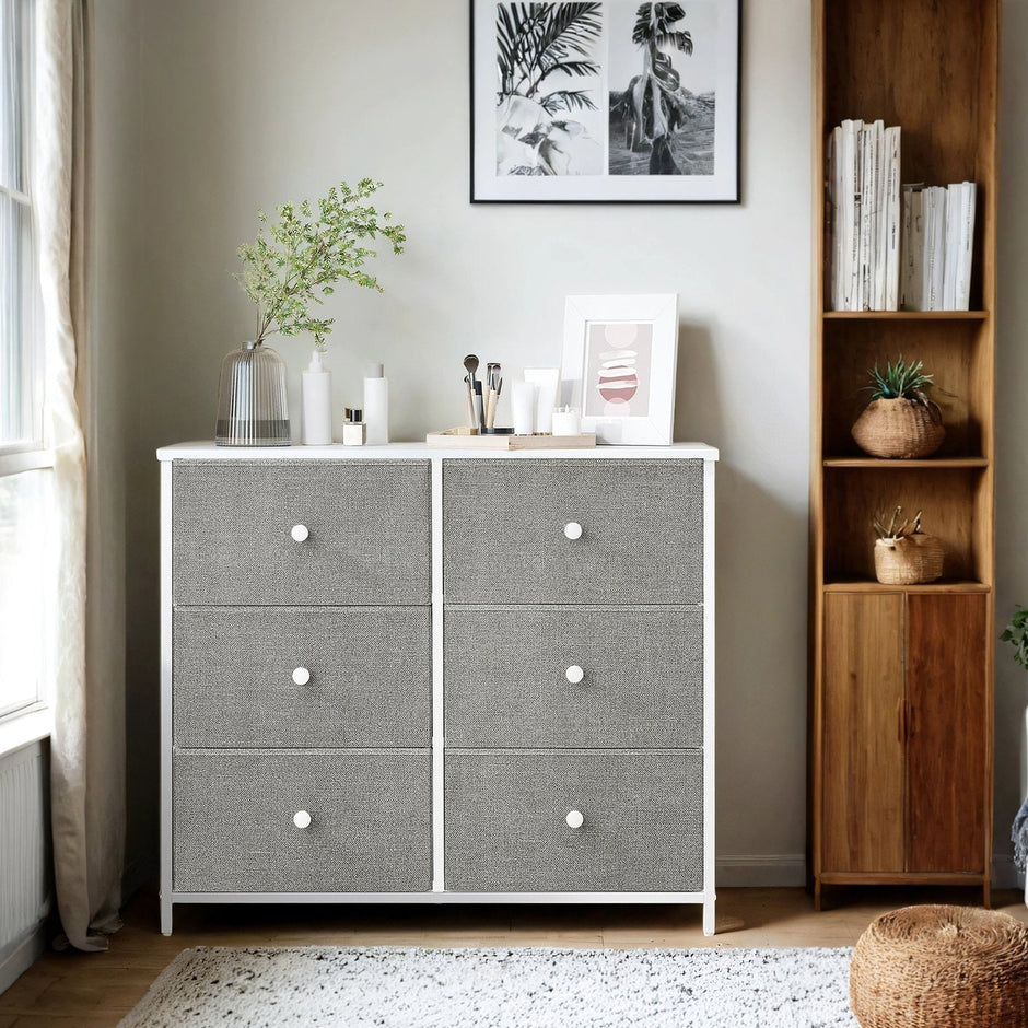 Dresser – Fabric and Wood – Rustic Brown and Black – 6-Drawer Storage Unit with Metal Frame