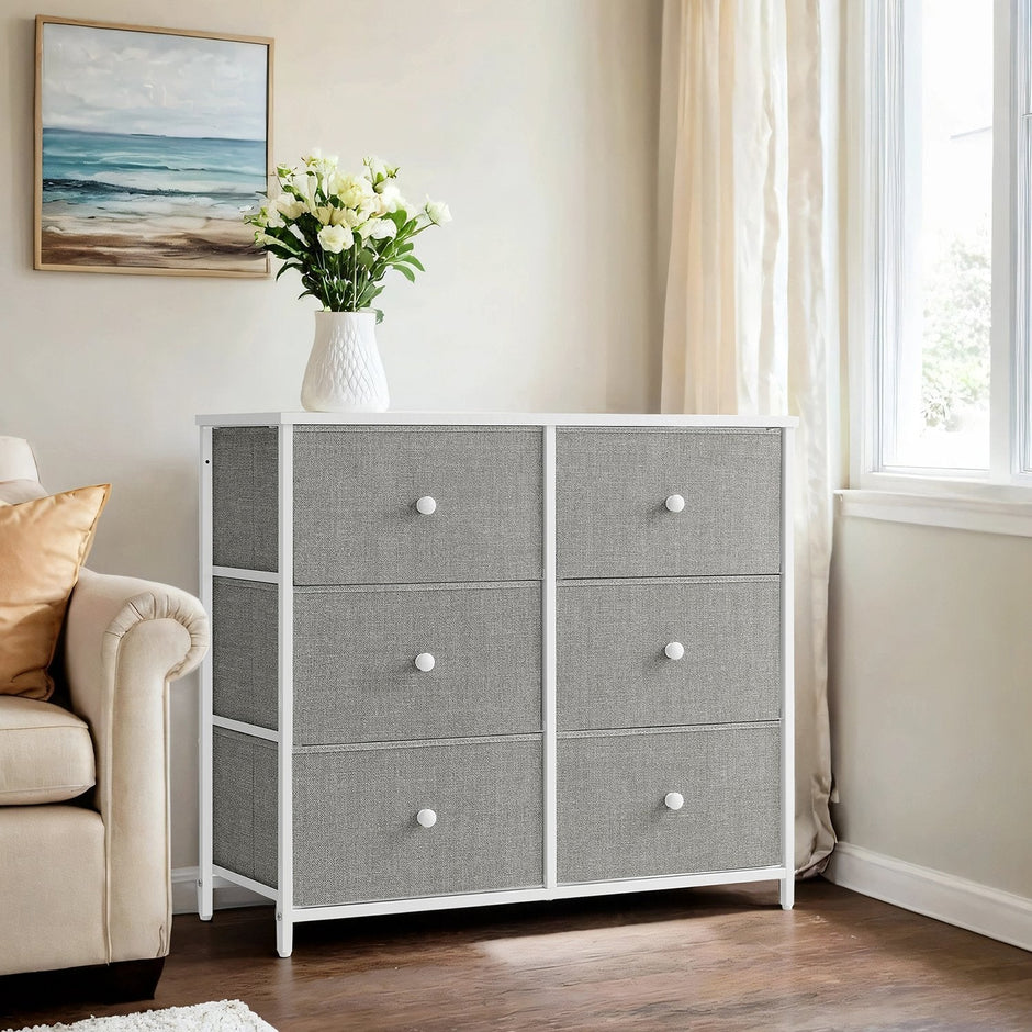 Dresser – Fabric and Wood – Rustic Brown and Black – 6-Drawer Storage Unit with Metal Frame