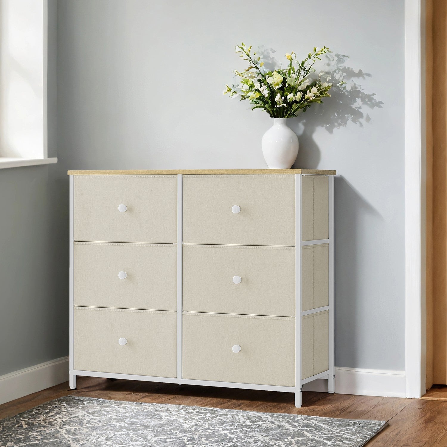 Dresser – Fabric and Wood – Rustic Brown and Black – 6-Drawer Storage Unit with Metal Frame