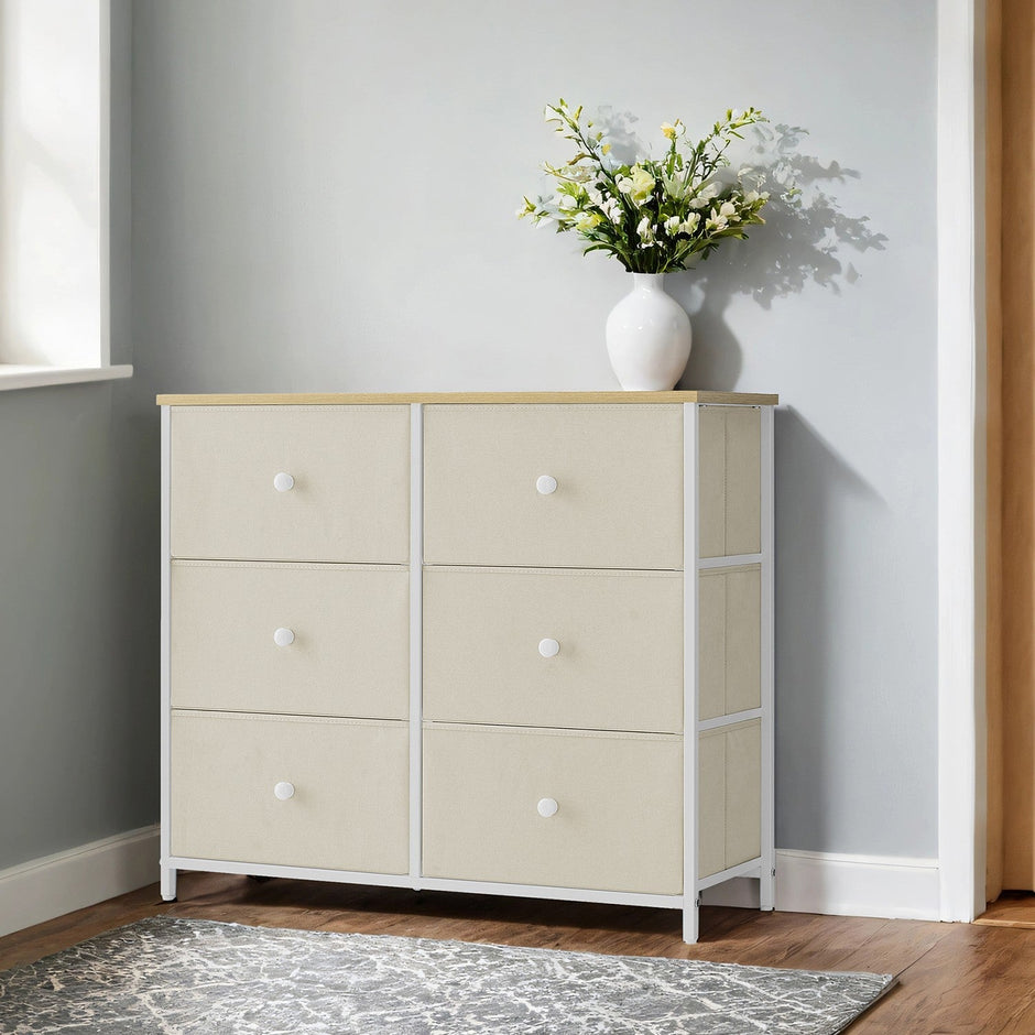 Dresser – Fabric and Wood – Rustic Brown and Black – 6-Drawer Storage Unit with Metal Frame