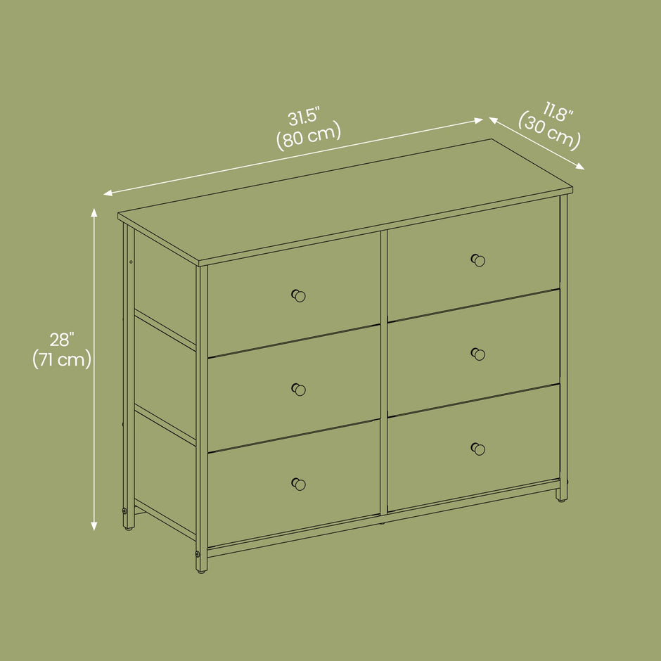 Dresser – Fabric and Wood – Rustic Brown and Black – 6-Drawer Storage Unit with Metal Frame