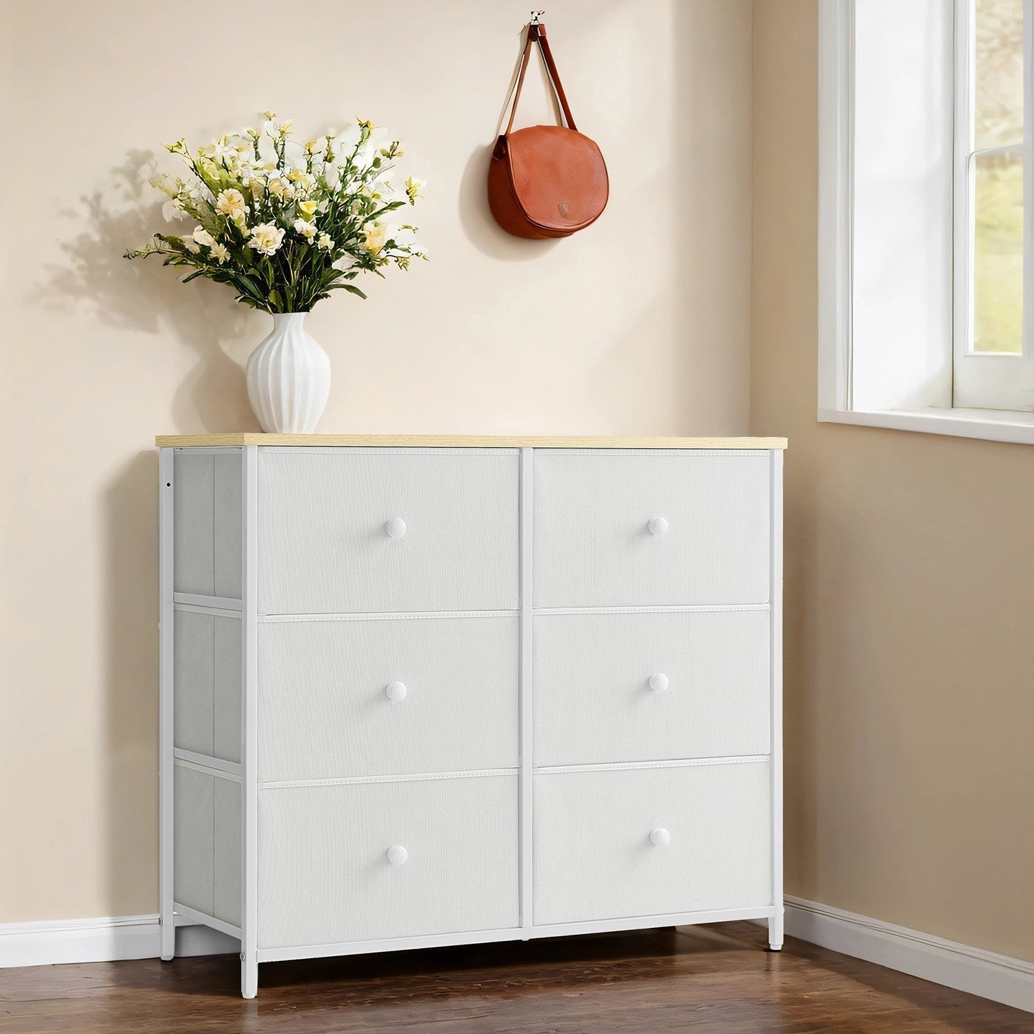 Dresser – Fabric and Wood – Rustic Brown and Black – 6-Drawer Storage Unit with Metal Frame
