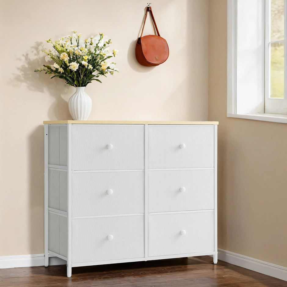Dresser – Fabric and Wood – Rustic Brown and Black – 6-Drawer Storage Unit with Metal Frame