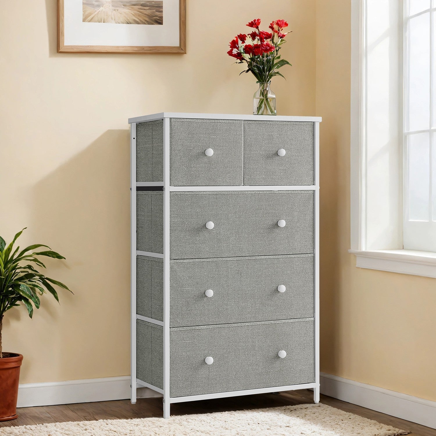 5-Drawer Dresser – Steel and Fabric – Rustic Brown and Black – Industrial Style