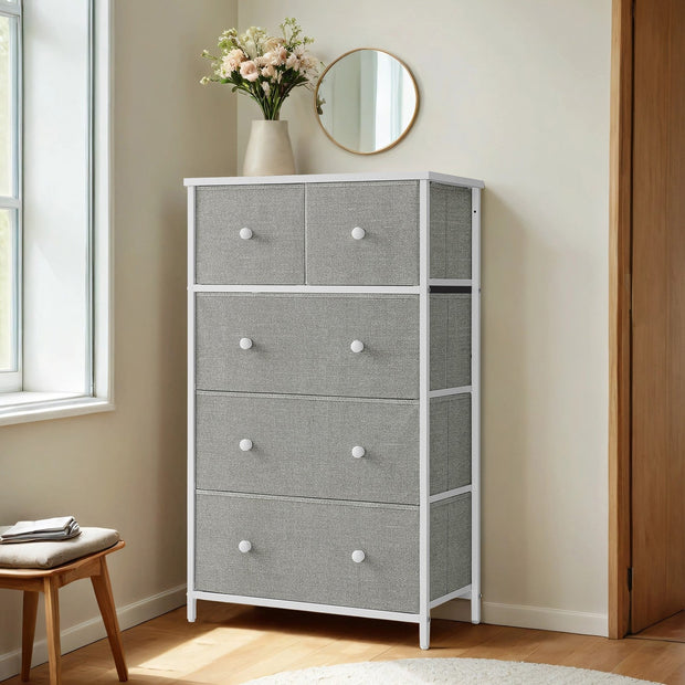 5-Drawer Dresser – Steel and Fabric – Rustic Brown and Black – Industrial Style