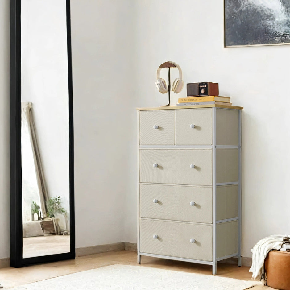 5-Drawer Dresser – Steel and Fabric – Rustic Brown and Black – Industrial Style