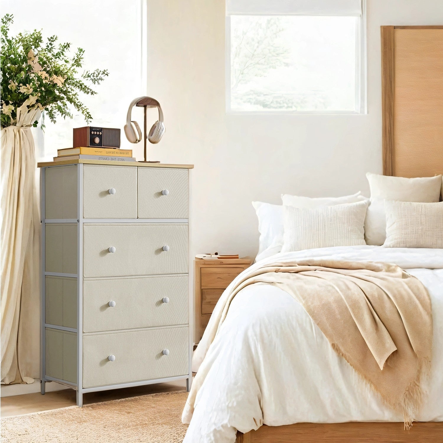 5-Drawer Dresser – Steel and Fabric – Rustic Brown and Black – Industrial Style