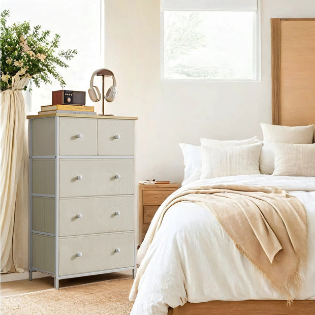 5-Drawer Dresser – Steel and Fabric – Rustic Brown and Black – Industrial Style