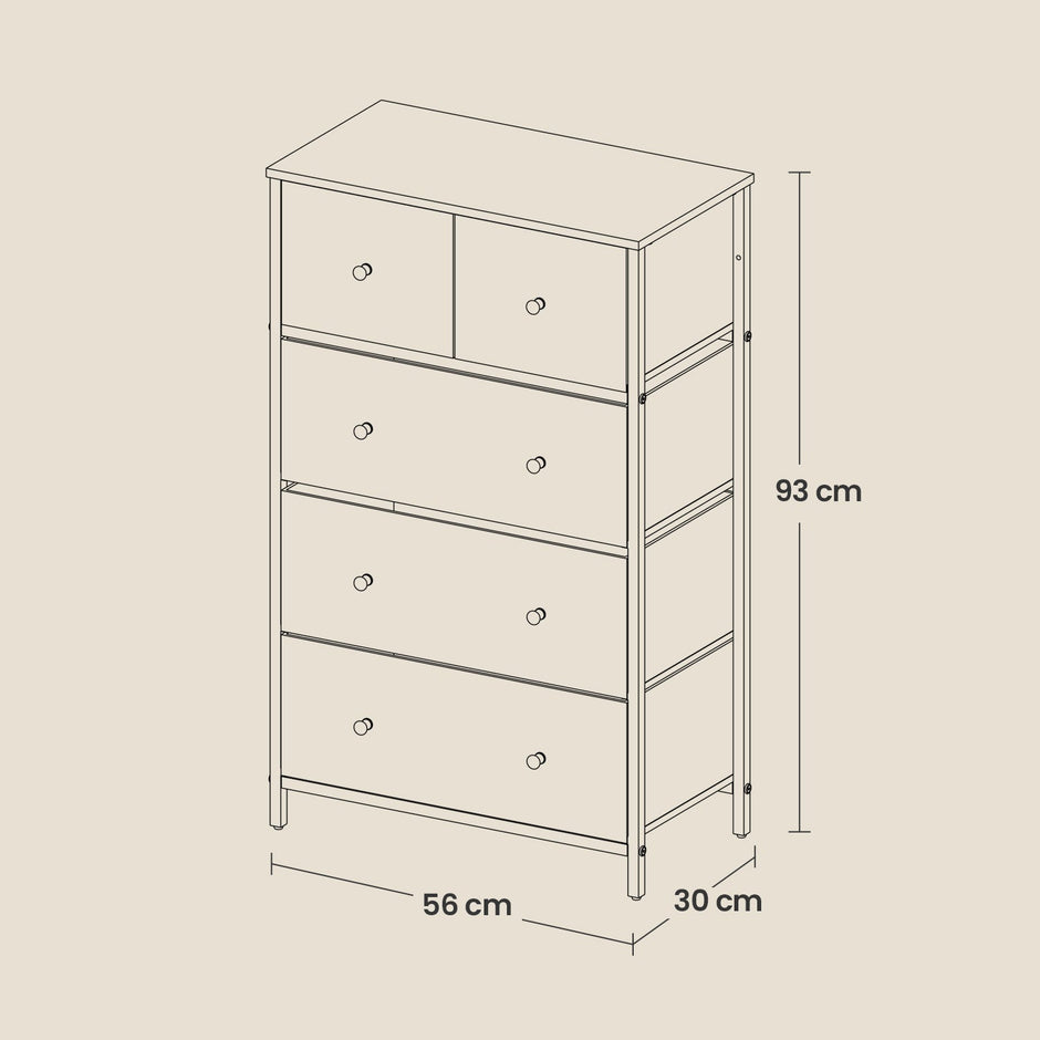 5-Drawer Dresser – Steel and Fabric – Rustic Brown and Black – Industrial Style