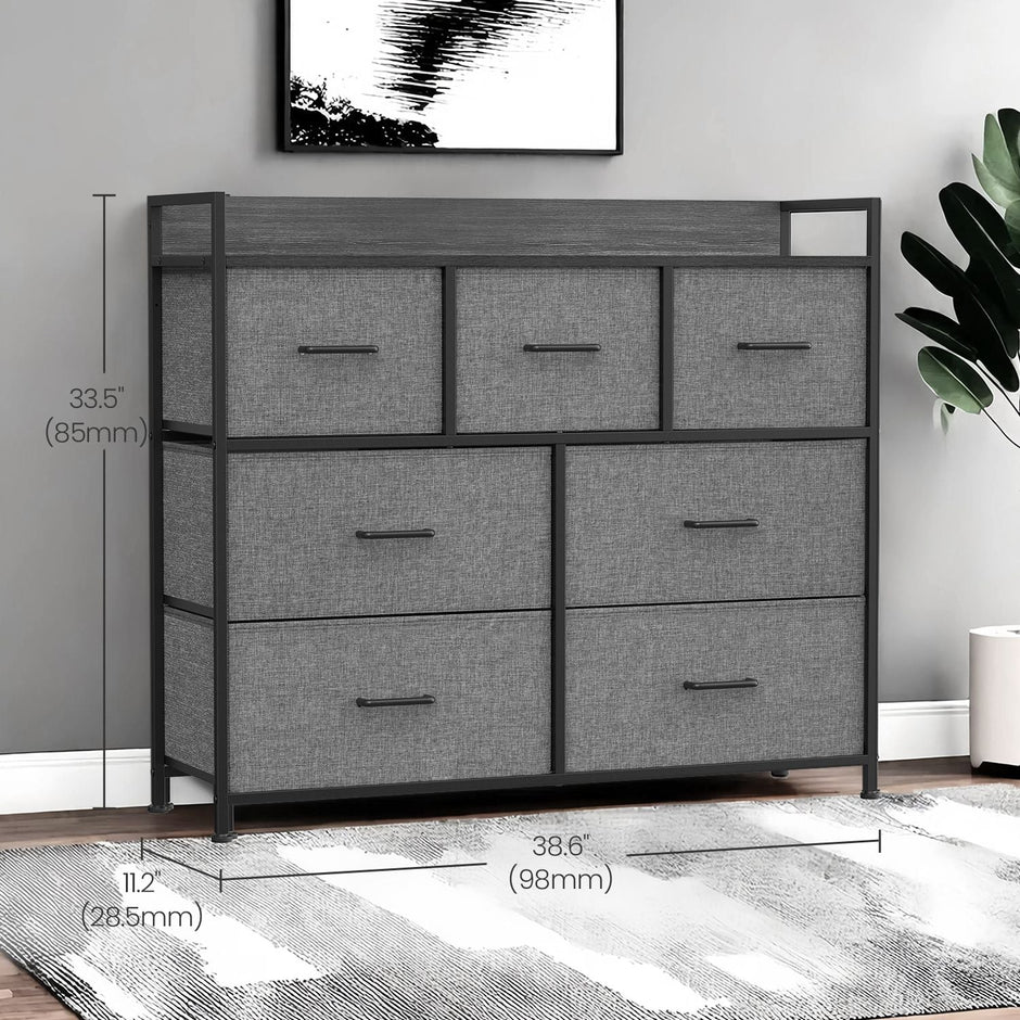 Dresser Cabinet – Fabric and Metal – Dove Grey and Cloud White – 7 Drawer Storage Organizer