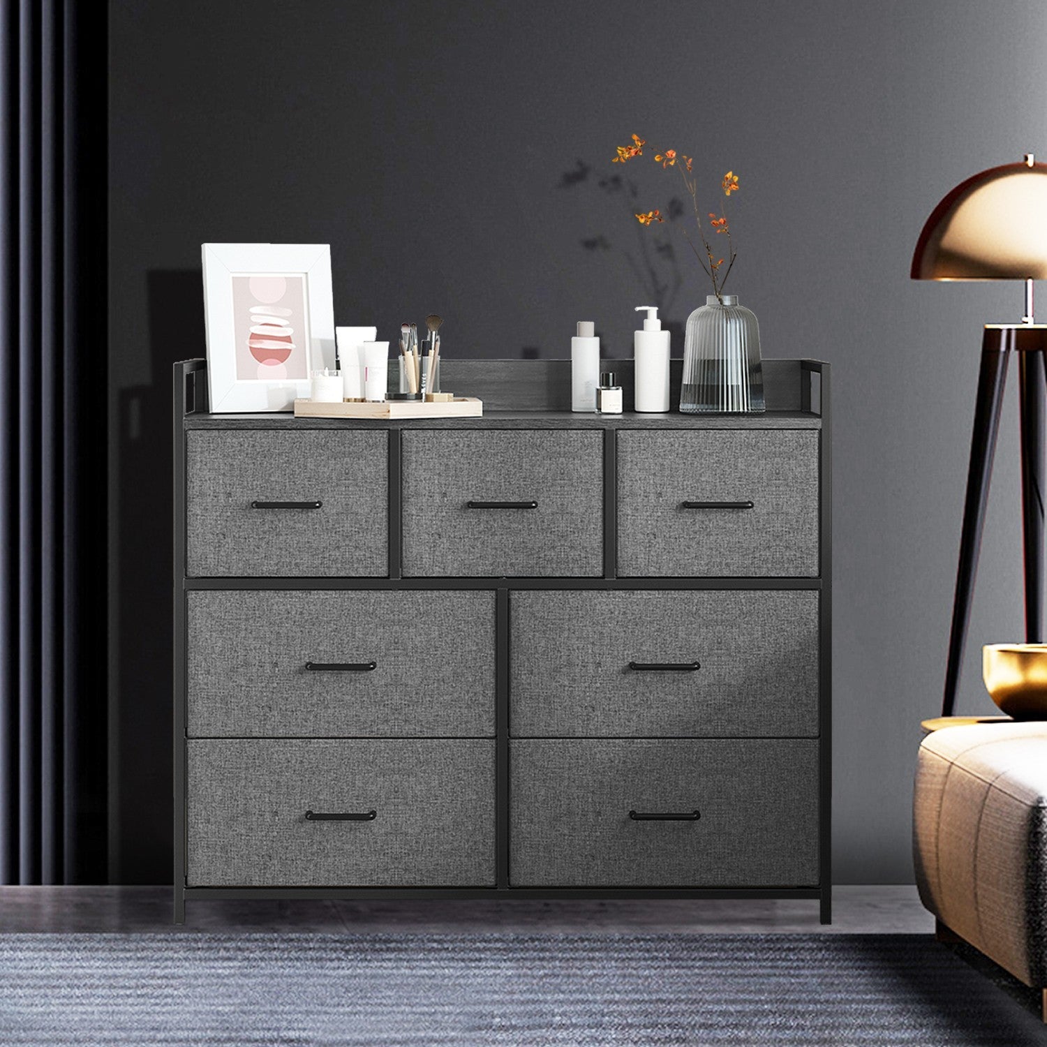 Dresser Cabinet – Fabric and Metal – Dove Grey and Cloud White – 7 Drawer Storage Organizer