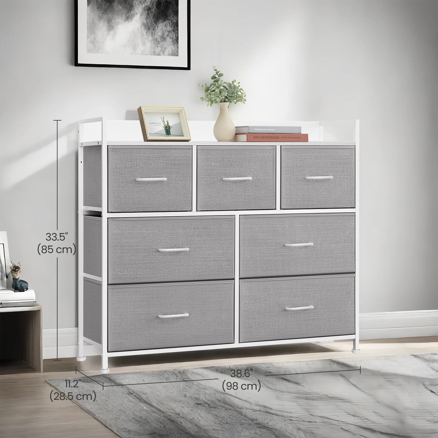 Dresser Cabinet – Metal Frame – Dove Grey and Cloud White – 7 Fabric Drawers