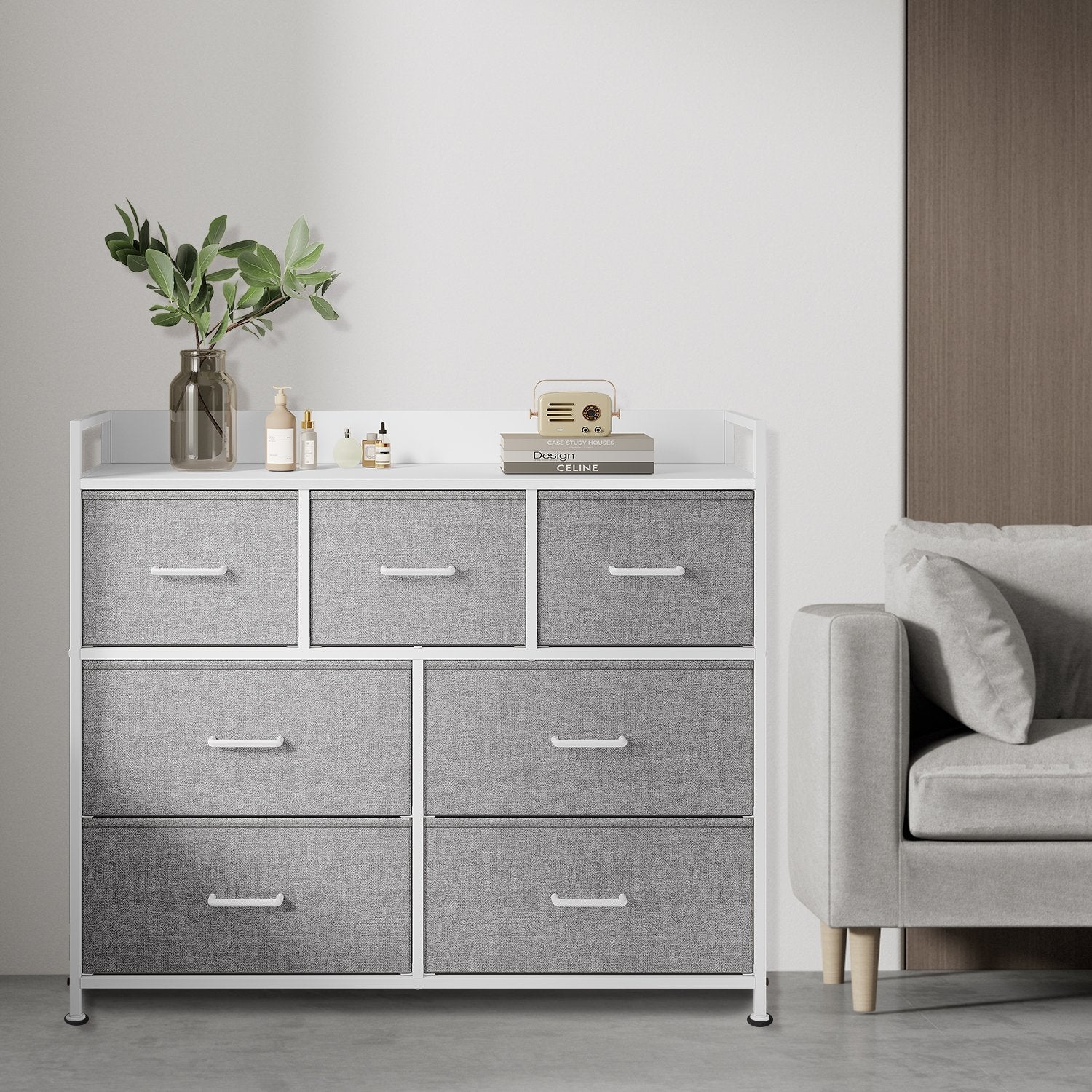 Dresser Cabinet – Metal Frame – Dove Grey and Cloud White – 7 Fabric Drawers