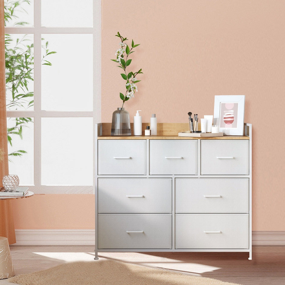 Dresser Cabinet – Metal Frame – Dove Grey and Cloud White – 7 Fabric Drawers