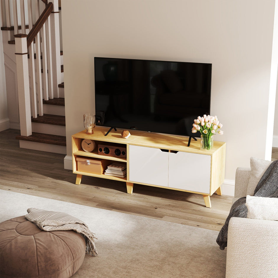 TV Cabinet – Wood – Straw Yellow and Cream White – 140 cm Long, Accommodates TVs up to 60 Inches with 2 Doors