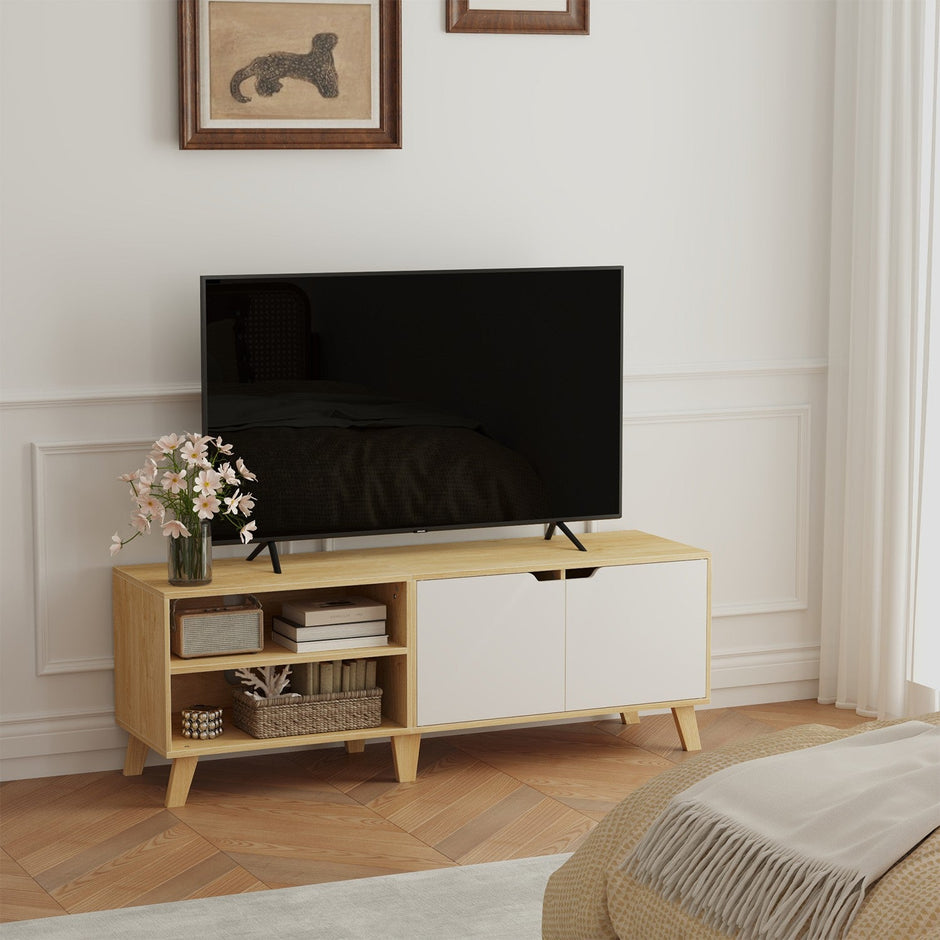 TV Cabinet – Wood – Straw Yellow and Cream White – 140 cm Long, Accommodates TVs up to 60 Inches with 2 Doors