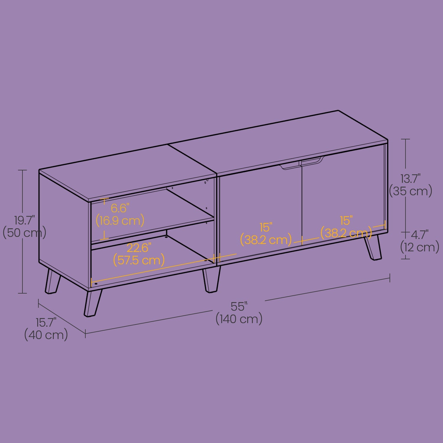 TV Cabinet – Wood – Straw Yellow and Cream White – 140 cm Long, Accommodates TVs up to 60 Inches with 2 Doors