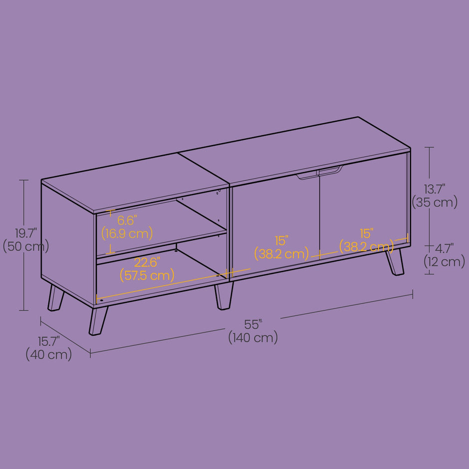 TV Cabinet – Wood – Straw Yellow and Cream White – 140 cm Long, Accommodates TVs up to 60 Inches with 2 Doors