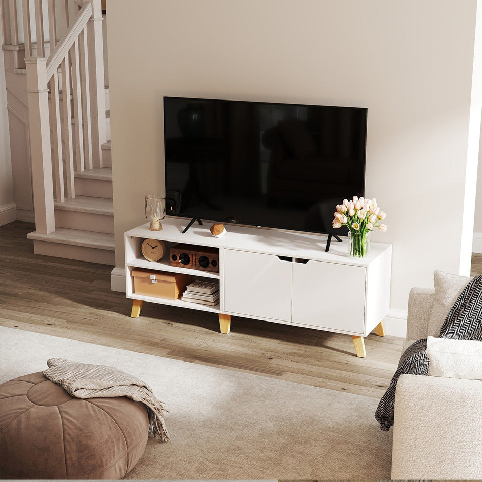 TV Cabinet – Wood – Straw Yellow and Cream White – 140 cm Long, Accommodates TVs up to 60 Inches with 2 Doors