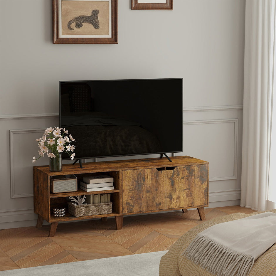 Media Console Table – Wood – Brown – Two-Door Design for TVs up to 60 Inches