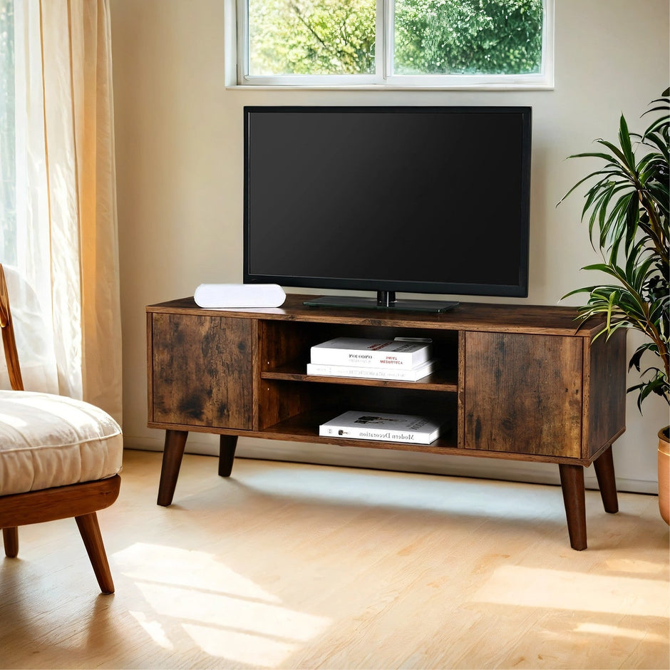 Retro TV Stand – Engineered Wood – Brown – Mid-Century Modern Design for TVs up to 43 Inches