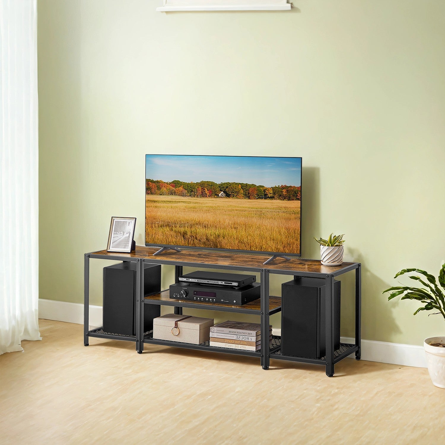 TV Stand – Wood and Metal – Rustic Brown and Black – 3-Tier Entertainment Console for Living Room