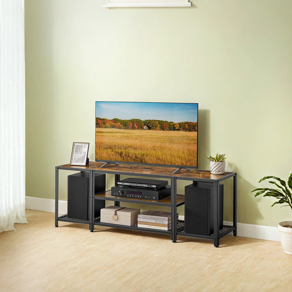 TV Stand – Wood and Metal – Rustic Brown and Black – 3-Tier Entertainment Console for Living Room